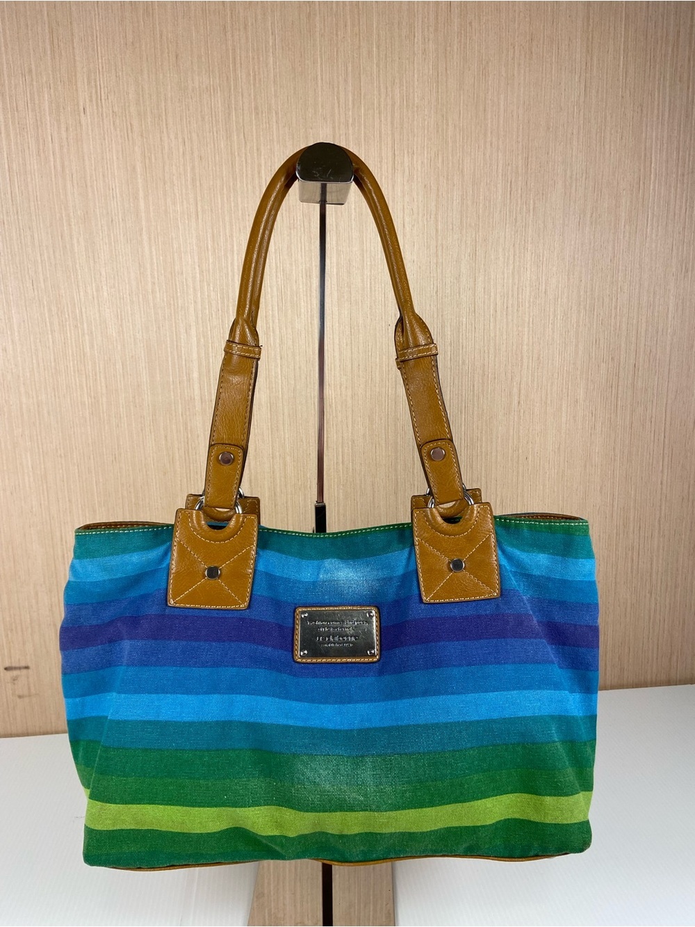 Liz Claiborne Blue Green Striped Canvas Tote Shoulder Bag